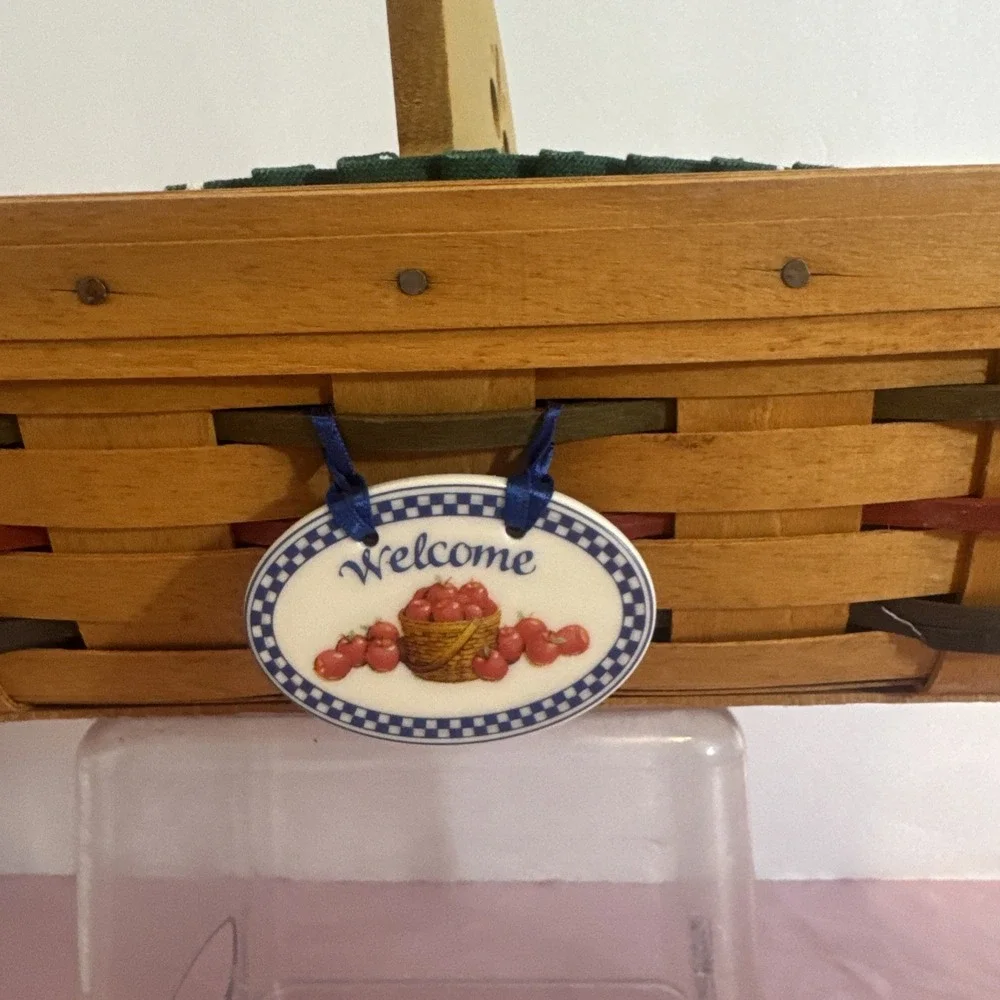 Longaberger Bread Basket 1994 Green Fabric Liner Divider Welcome Tag Bread Brick